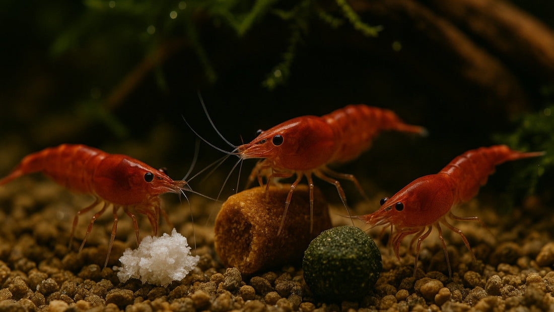 Red Cherry shrimp grazing on snowflake, nettle, and Vibrance pellets in a natural planted aquarium — representing the best shrimp foods in the UK.
