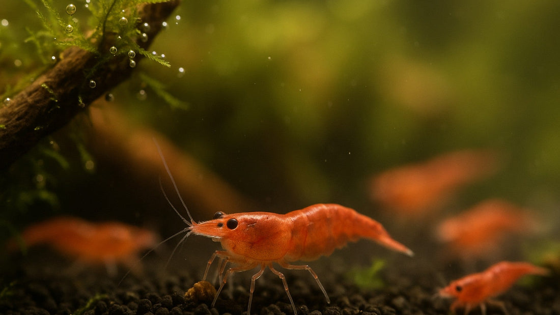 Red Cherry shrimp grazing naturally on moss between feedings.